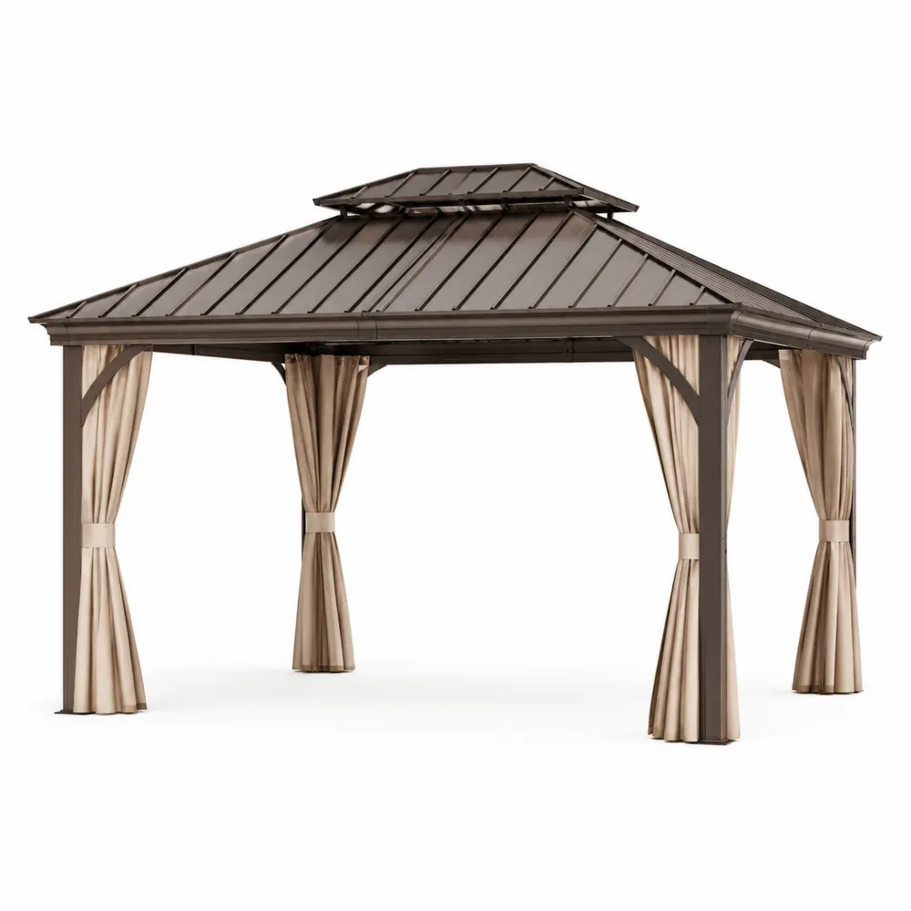 Gazebo de Aluminio y Acero Marrón con Cortinas de Poliéster Beige 300x400 cm-Cosyloftea