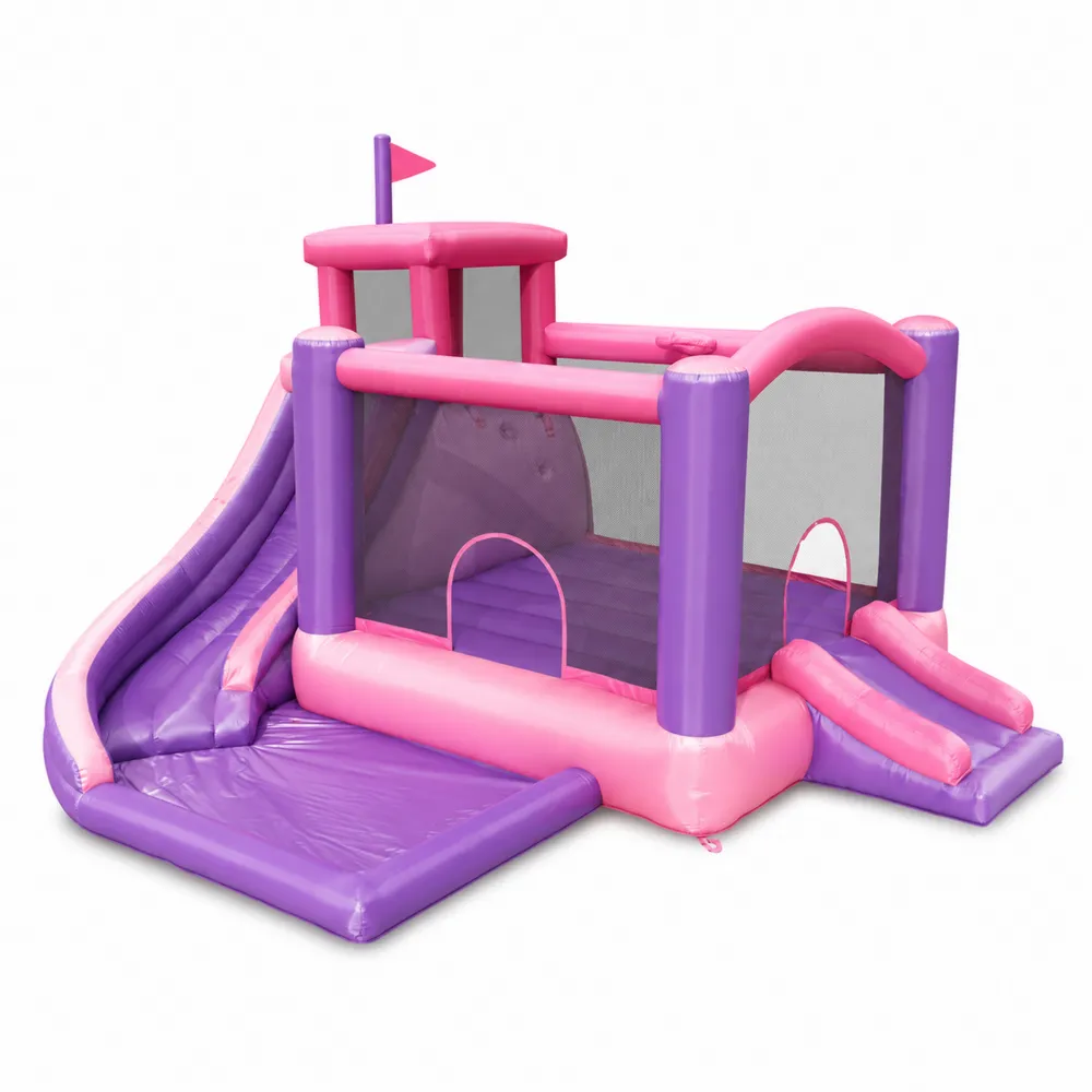 Castillo hinchable de plástico rosa y morado con tobogán 400x300x250 cm-Cosyloftea