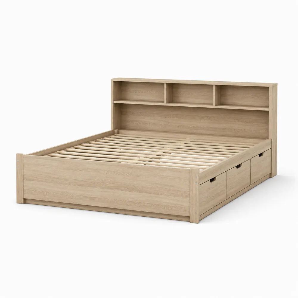 Cama doble de madera de roble claro con almacenamiento 200x160 cm-Cosyloftea