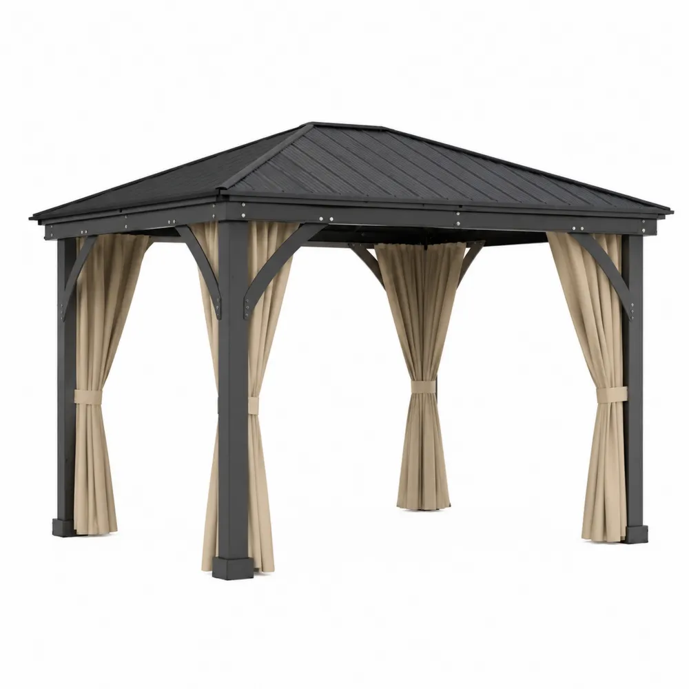 Pérgola de Aluminio con Techo de Acero y Cortinas de Poliéster 3x4 m-Cosyloftea