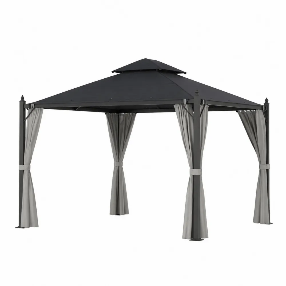 Pérgola de Jardín de Acero 3x3 m con Techo de Doble Nivel y Cortinas-Cosyloftea