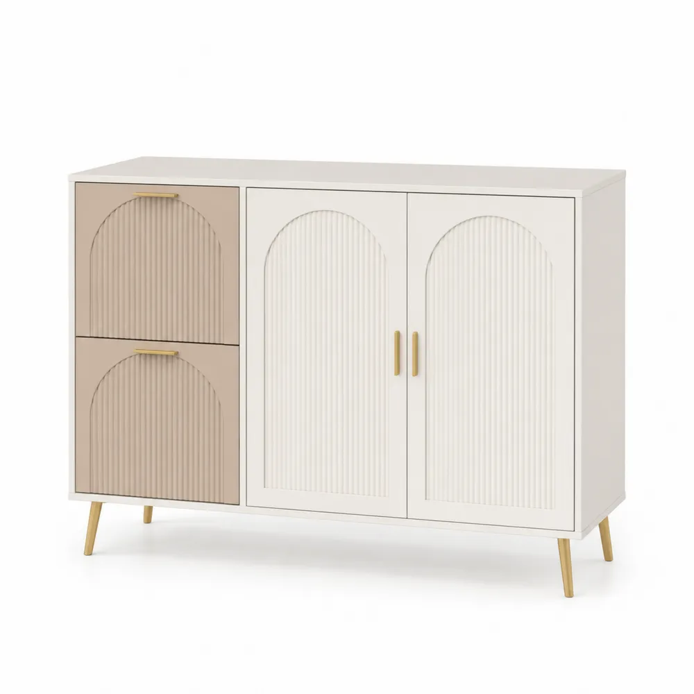 Aparador de Madera MDF con Patas de Metal en Blanco y Beige-Cosyloftea
