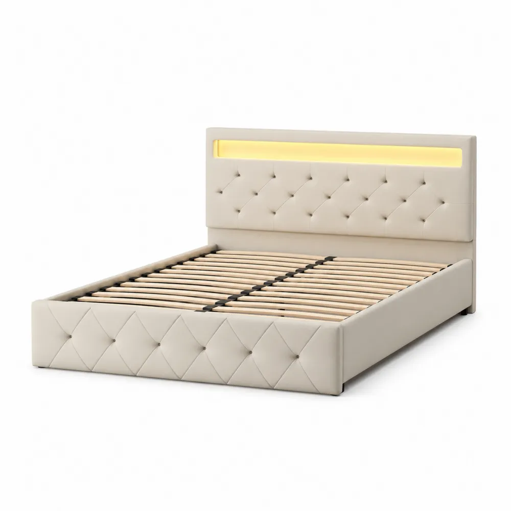 Cama doble tapizada con cabecero LED color crema 200x160 cm-Cosyloftea