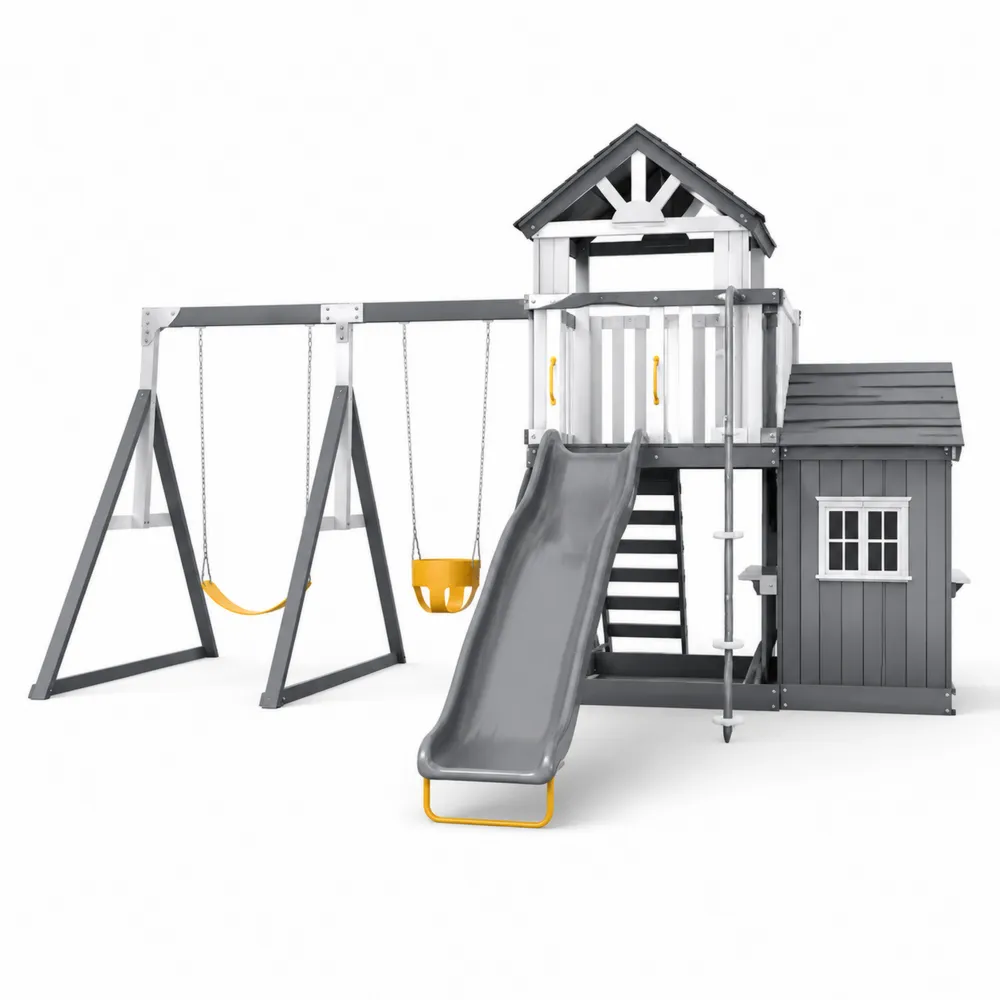 Parque infantil de madera con columpios y tobogán 300x200x250 cm-Cosyloftea