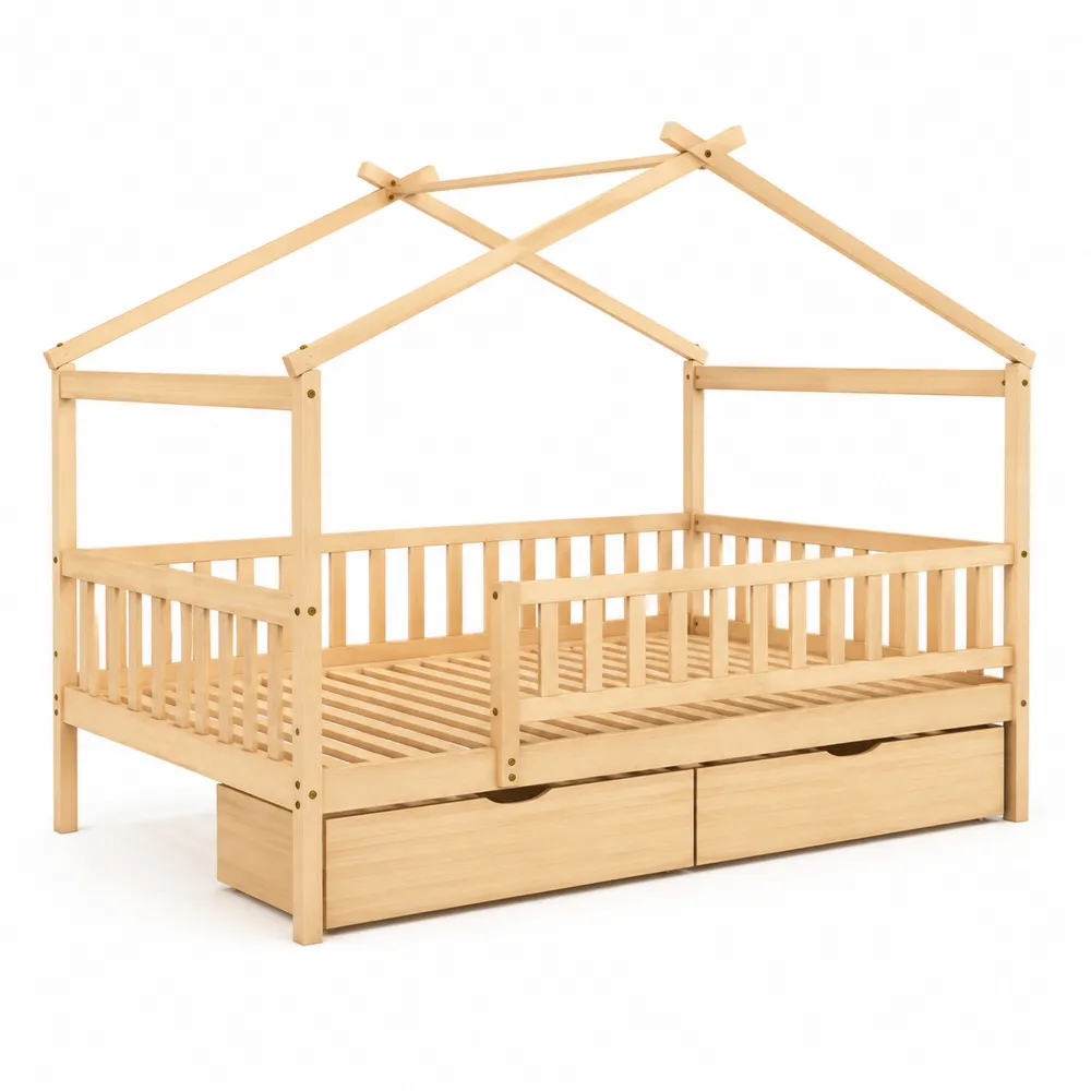 Cama infantil de madera de pino con cajones y diseño de casita-Cosyloftea