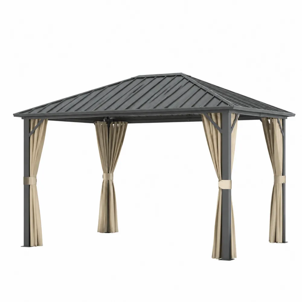 Pérgola de Aluminio con Techo de Acero y Cortinas de Poliéster 3x3m-Cosyloftea