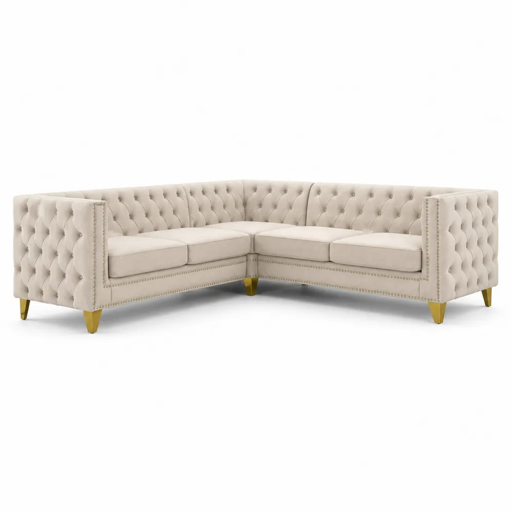 Sofá esquinero de tela poliéster beige con patas metálicas doradas-Cosyloftea