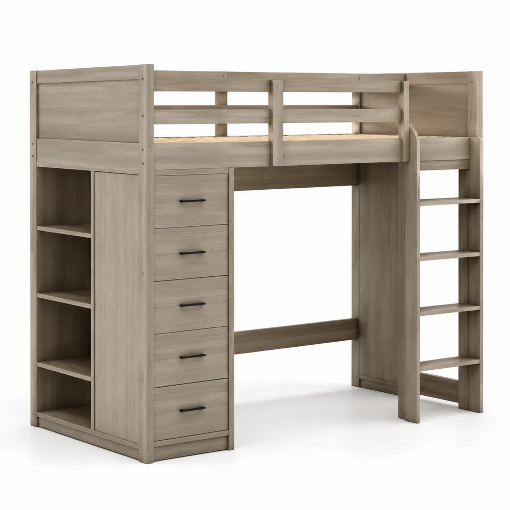 Litera alta de madera con cajones y estanterías Roble Claro-Cosyloftea