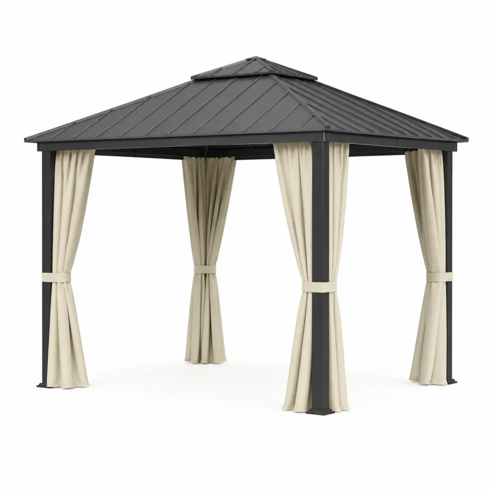 Gazebo de metal con techo de acero y cortinas de poliéster beige 3x3m-Cosyloftea