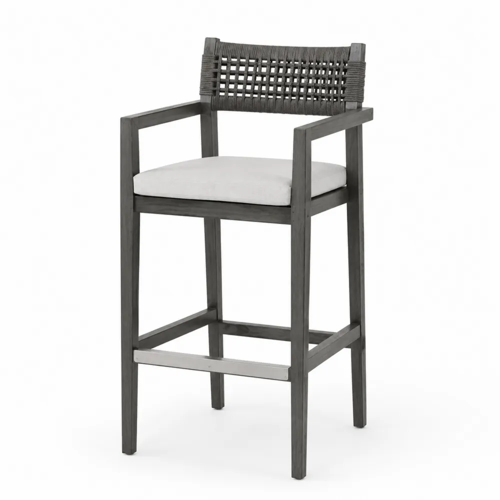Taburete de madera con respaldo tejido y cojín blanco-Cosyloftea