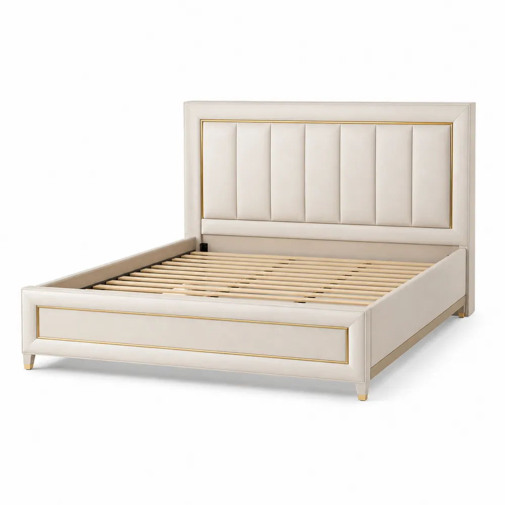 Cama doble de madera y cuero sintético beige con cabecero acolchado-Cosyloftea