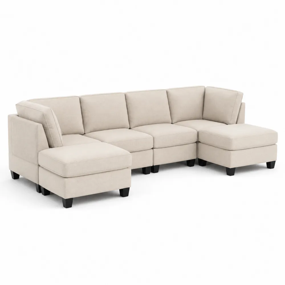 Sofá seccional en L 5 plazas de tela Beige-Cosyloftea