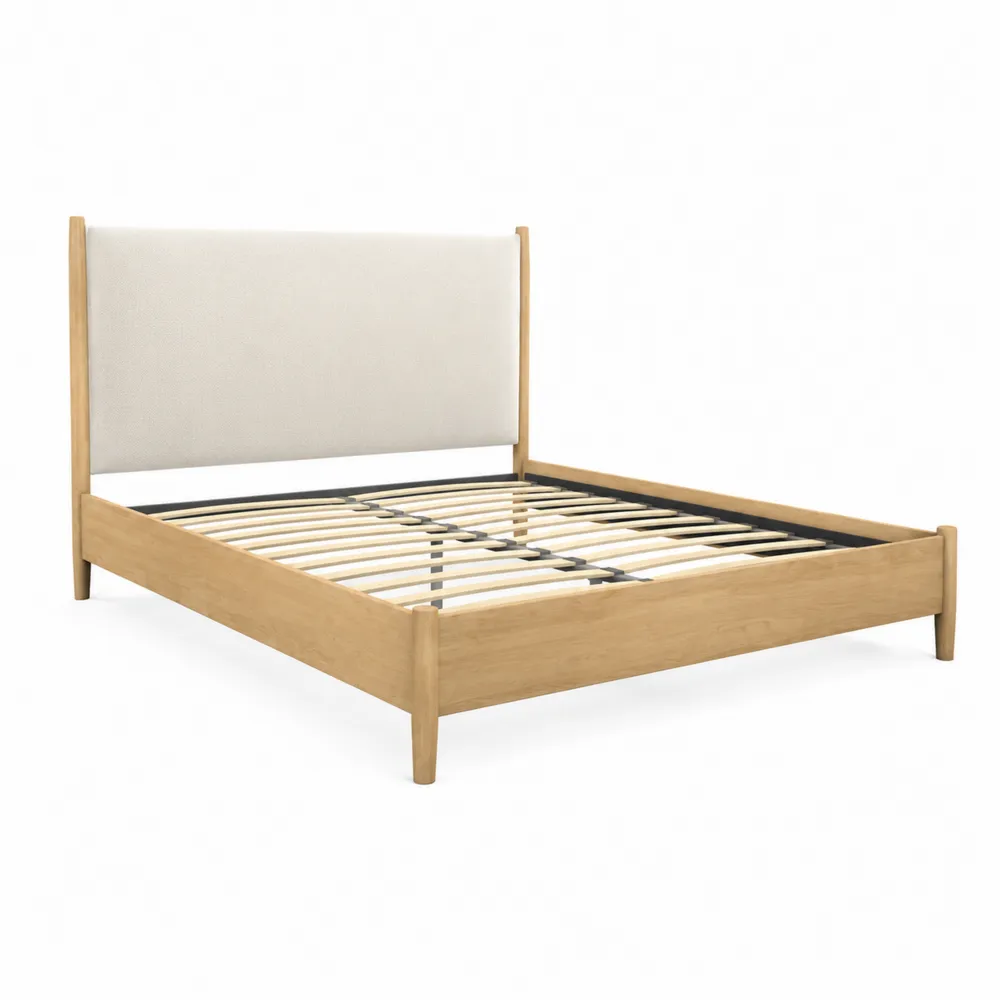 Cama Doble de Madera con Cabecero Tapizado de Lino, Beige-Cosyloftea