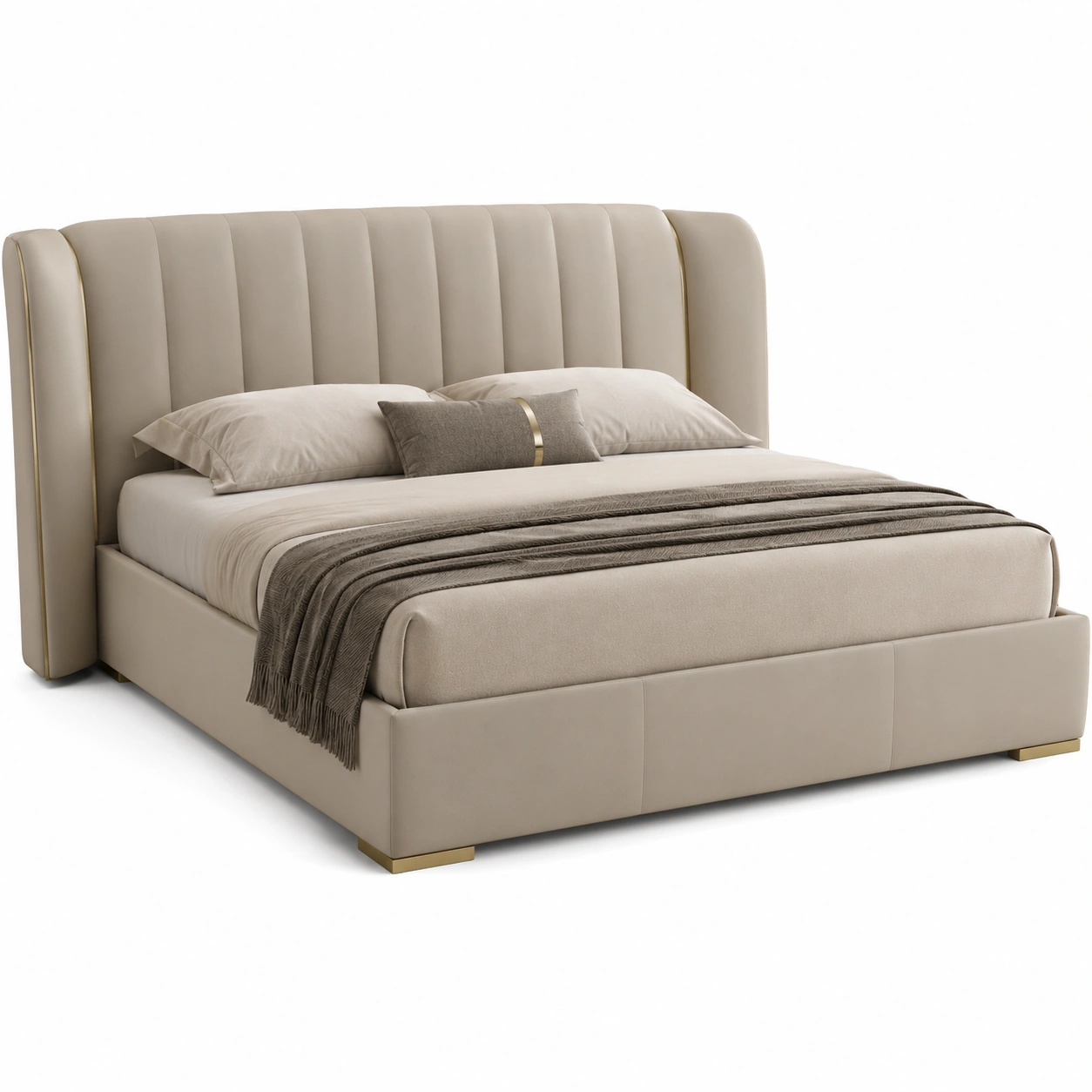 Polsterbett Hellbeige mit gerilltem Kopfteil