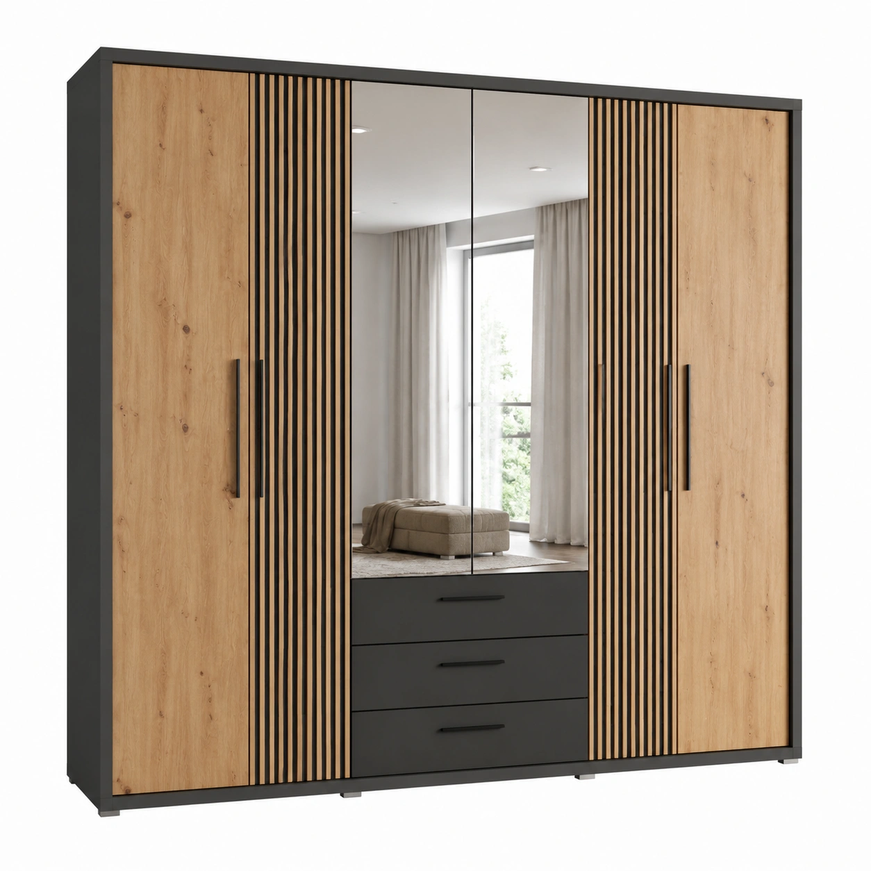Moderner Kleiderschrank mit Spiegel und Lamellen