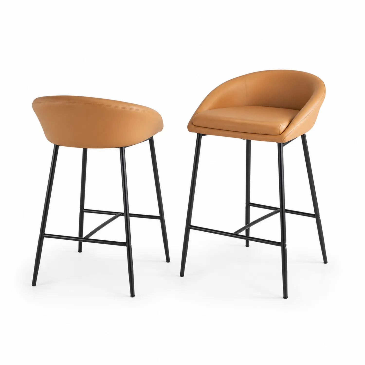 Conjunto de Taburetes de Cuero Sintético Marrón Claro y Metal Negro