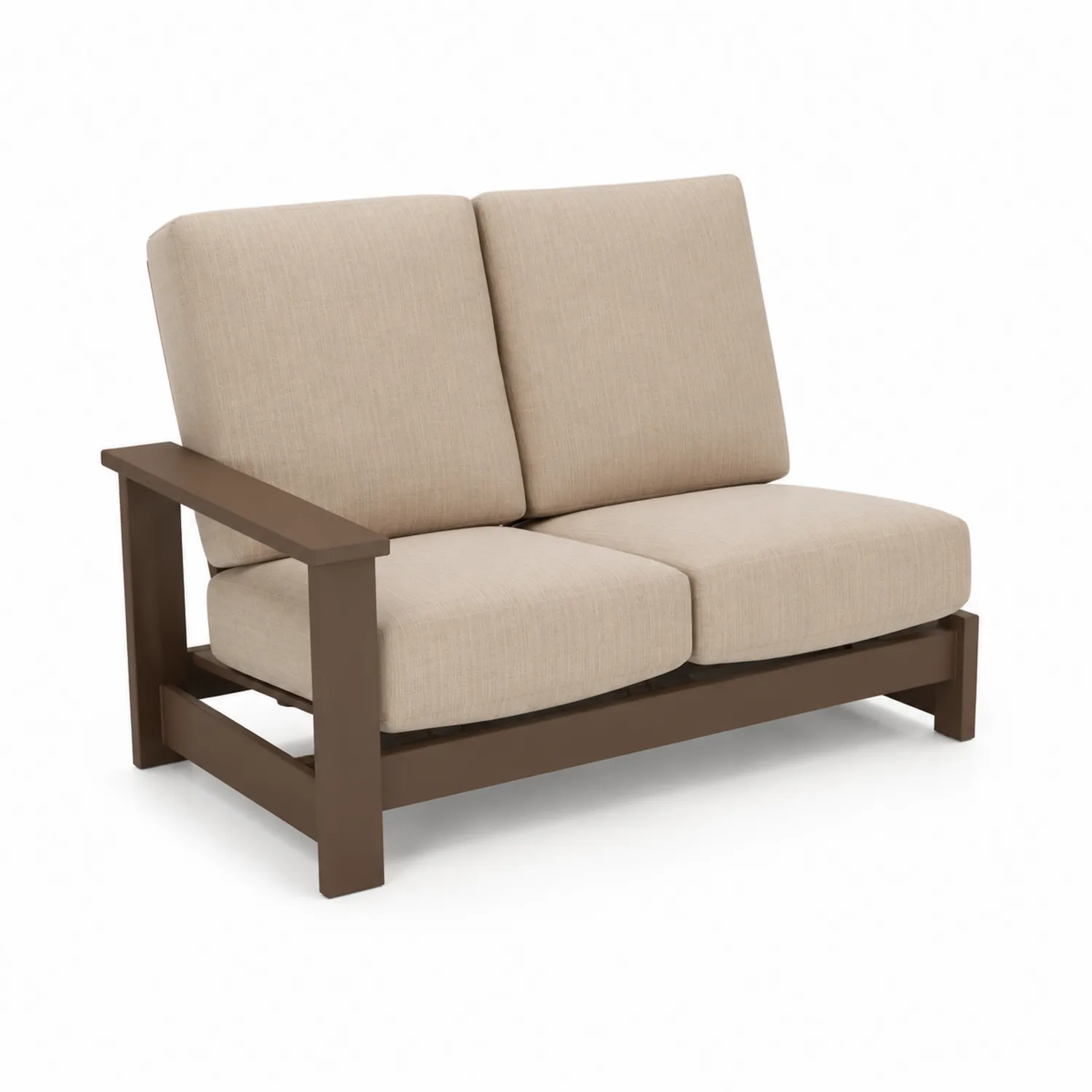 Sofá de dos plazas de metal con cojines beige