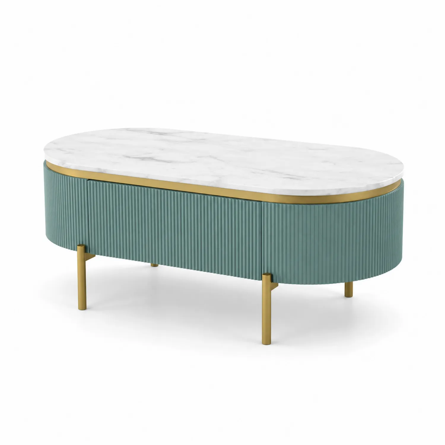 Mesa de centro ovalada de mármol blanco y metal verde/dorado