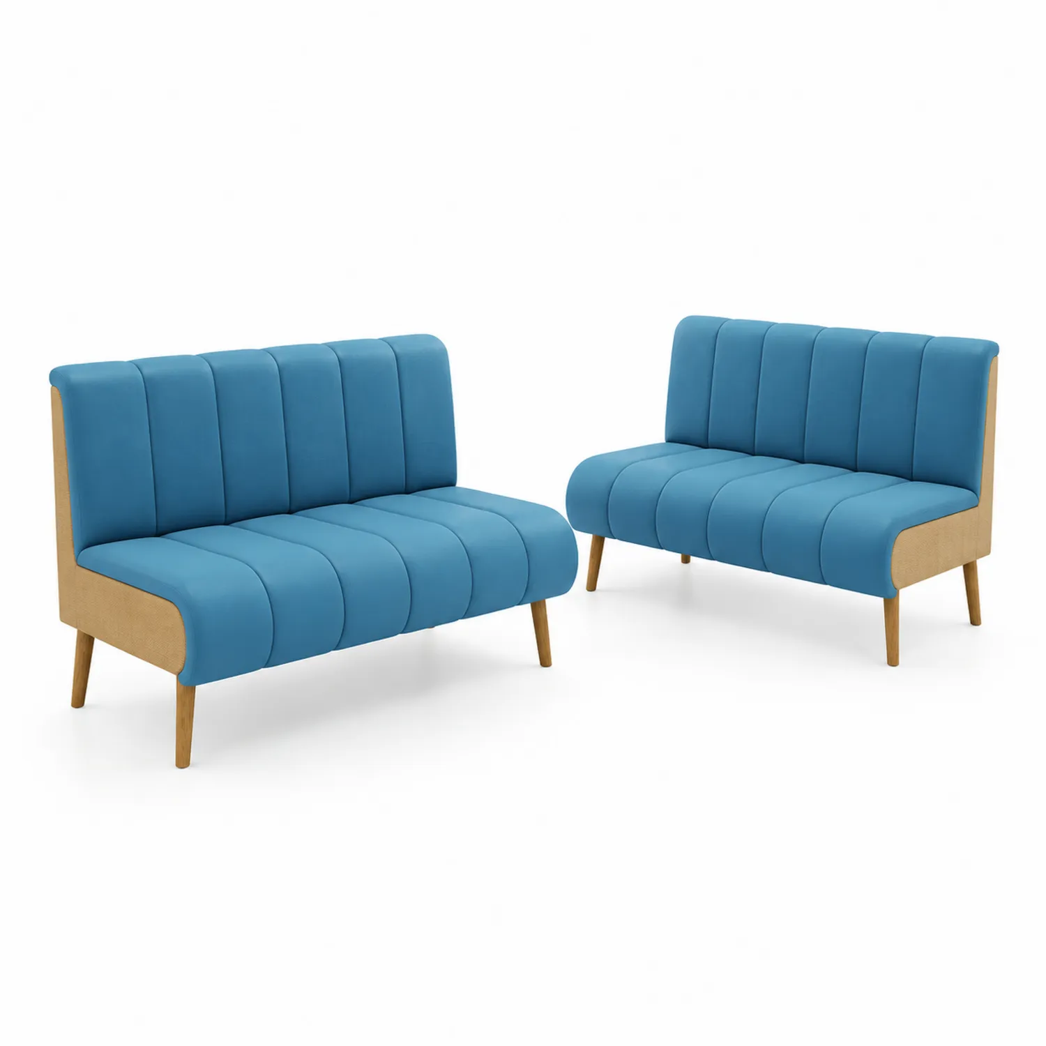 Conjunto de sofás de tela azul con estructura de madera, 2 plazas cada uno