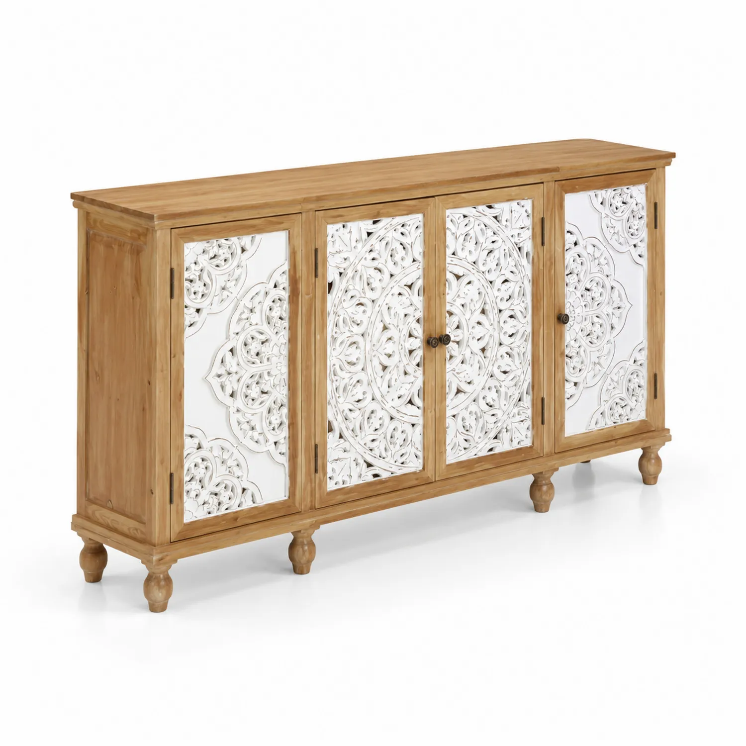 Aparador de Madera de Pino y MDF Tallado 147x40x85 cm Natural/Blanco