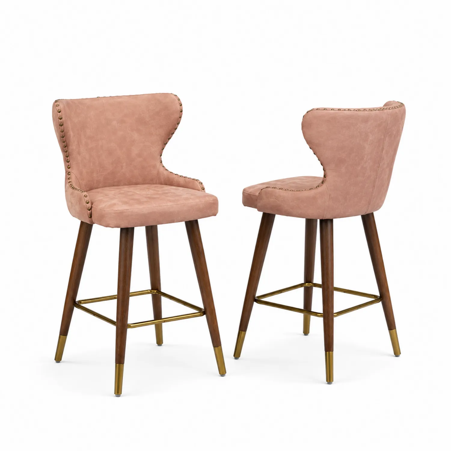 Set de 2 Taburetes de Terciopelo Rosa con Patas de Nogal y Detalles Metálicos