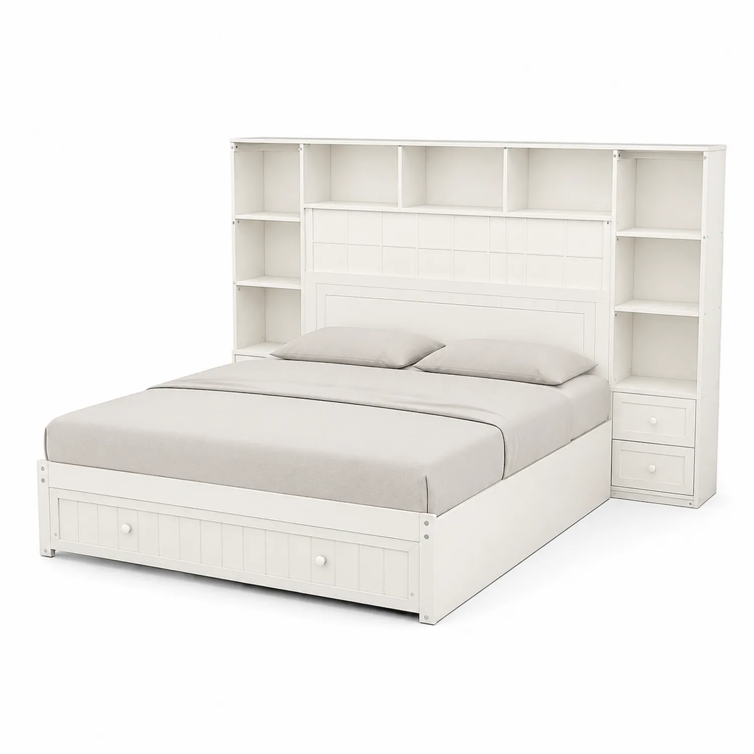 Cama de madera con almacenamiento integrado y estanterías