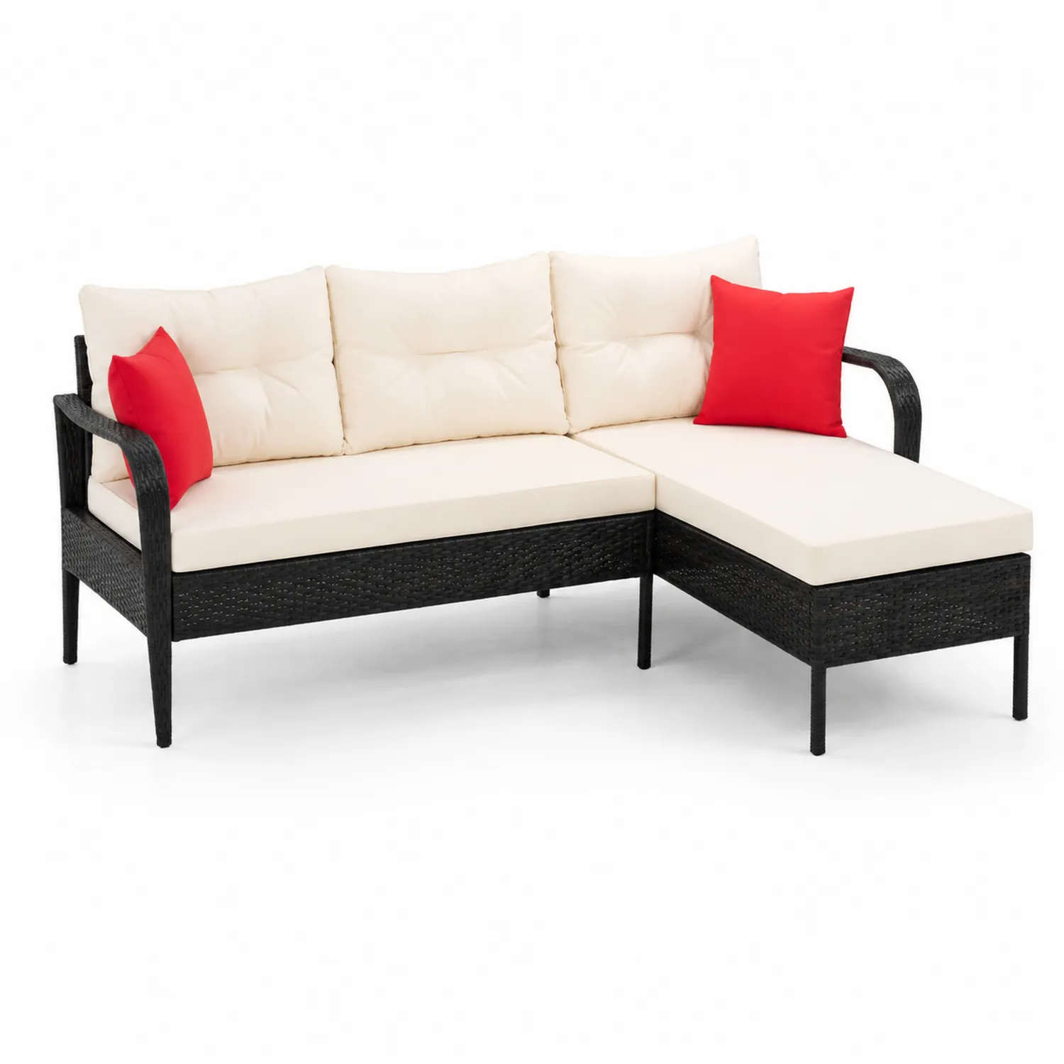 Sofá Seccional de Exterior en Mimbre Sintético Negro con Cojines Beige y Rojos