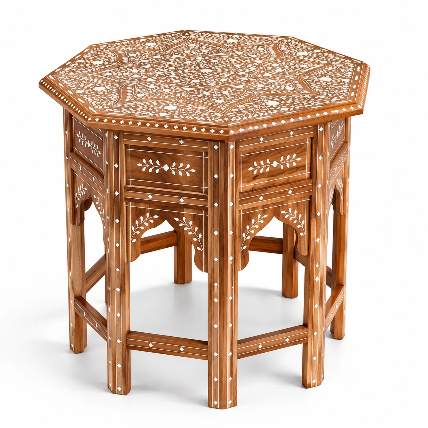 Mesa auxiliar octagonal de madera con incrustaciones de resina