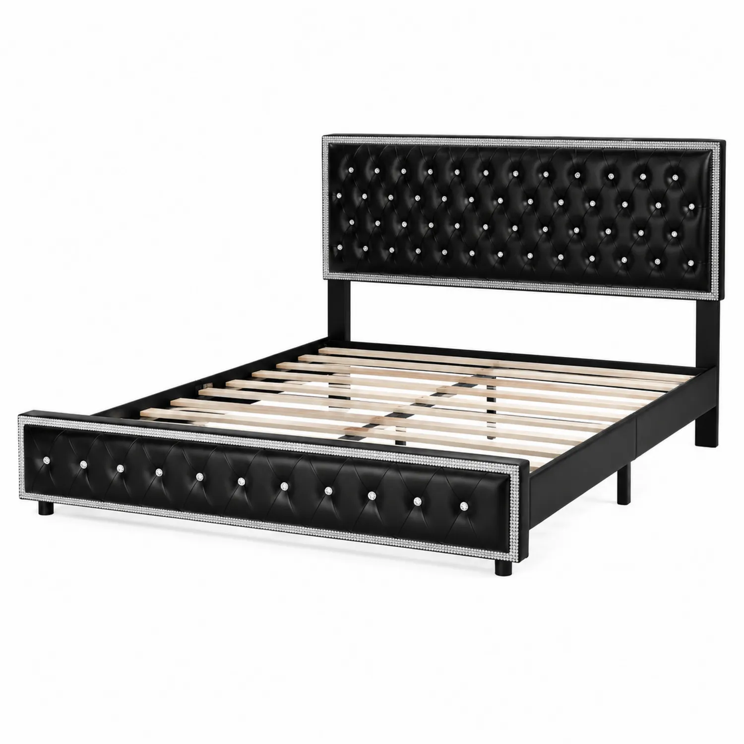 Cama de Madera y PU con Detalles de Cristal Negra 200x160 cm