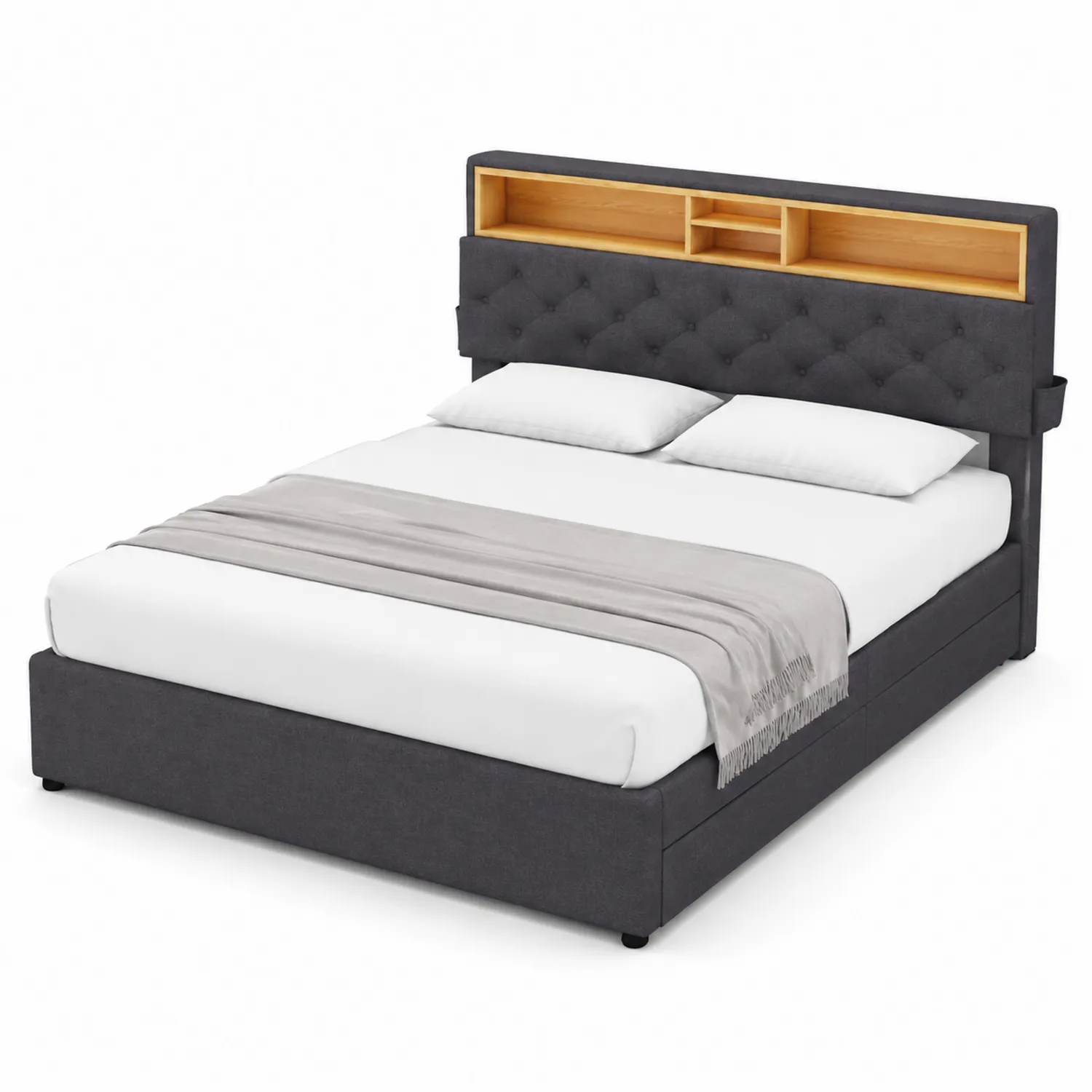 Cama doble en tela gris con cabecera de almacenamiento de madera