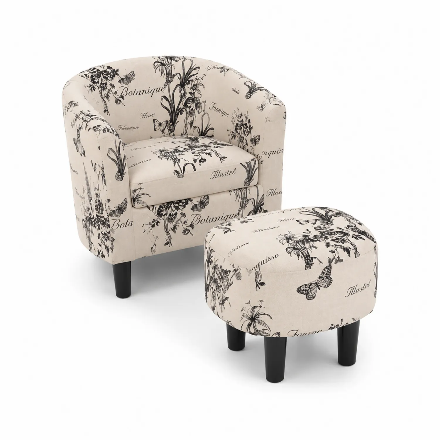 Sillón y reposapiés de lino floral beige