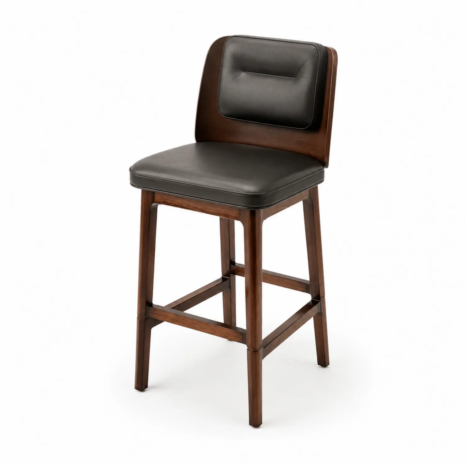 Taburete de bar de madera con asiento de cuero sintético negro