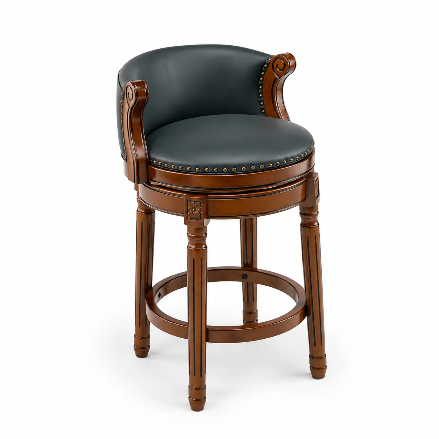 Taburete de Bar con Respaldo Curvo de Cuero Sintético Negro y Madera de Haya