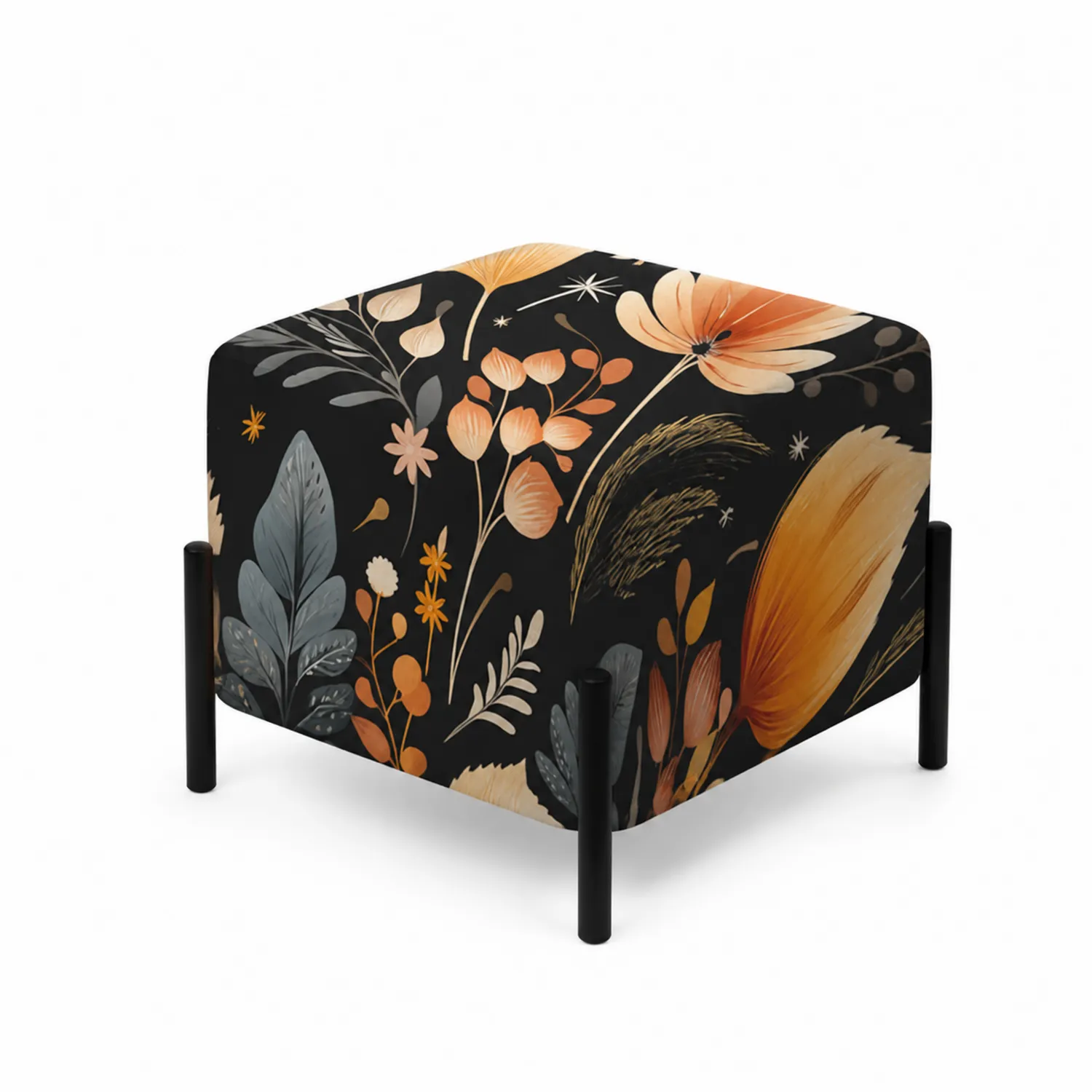 Puf cuadrado con estampado floral de algodón y poliéster, 45x45x40 cm, negro