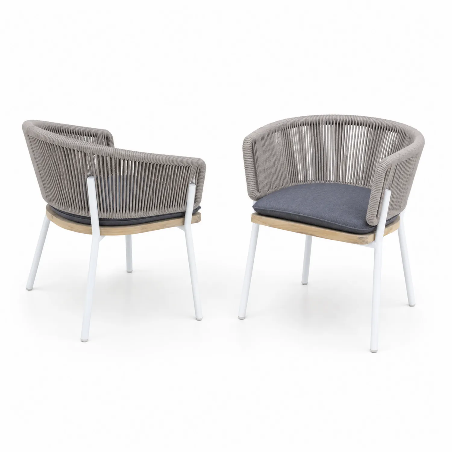 Juego de sillas de comedor de aluminio y cuerda gris con cojín azul