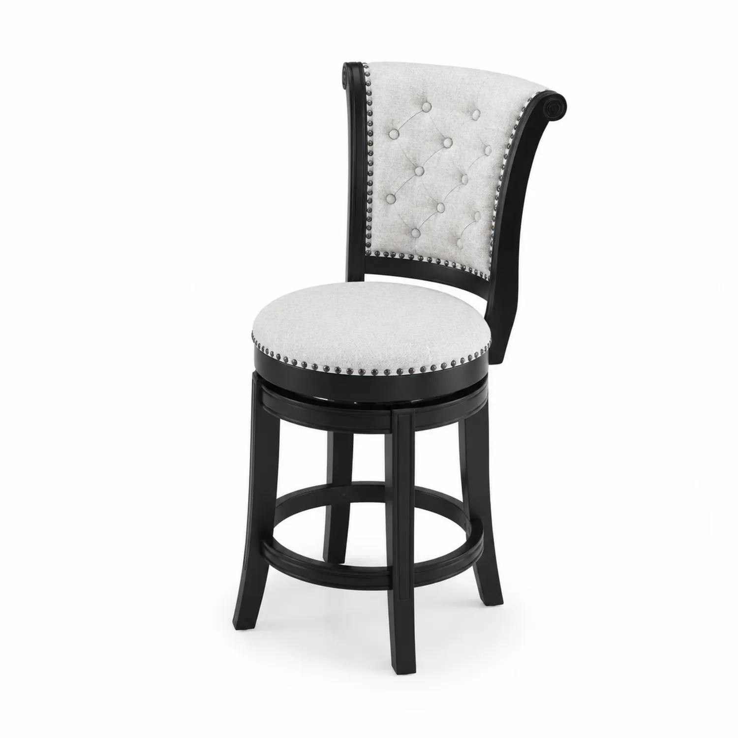 Taburete de Madera Negro con Asiento Giratorio de Poliéster Gris