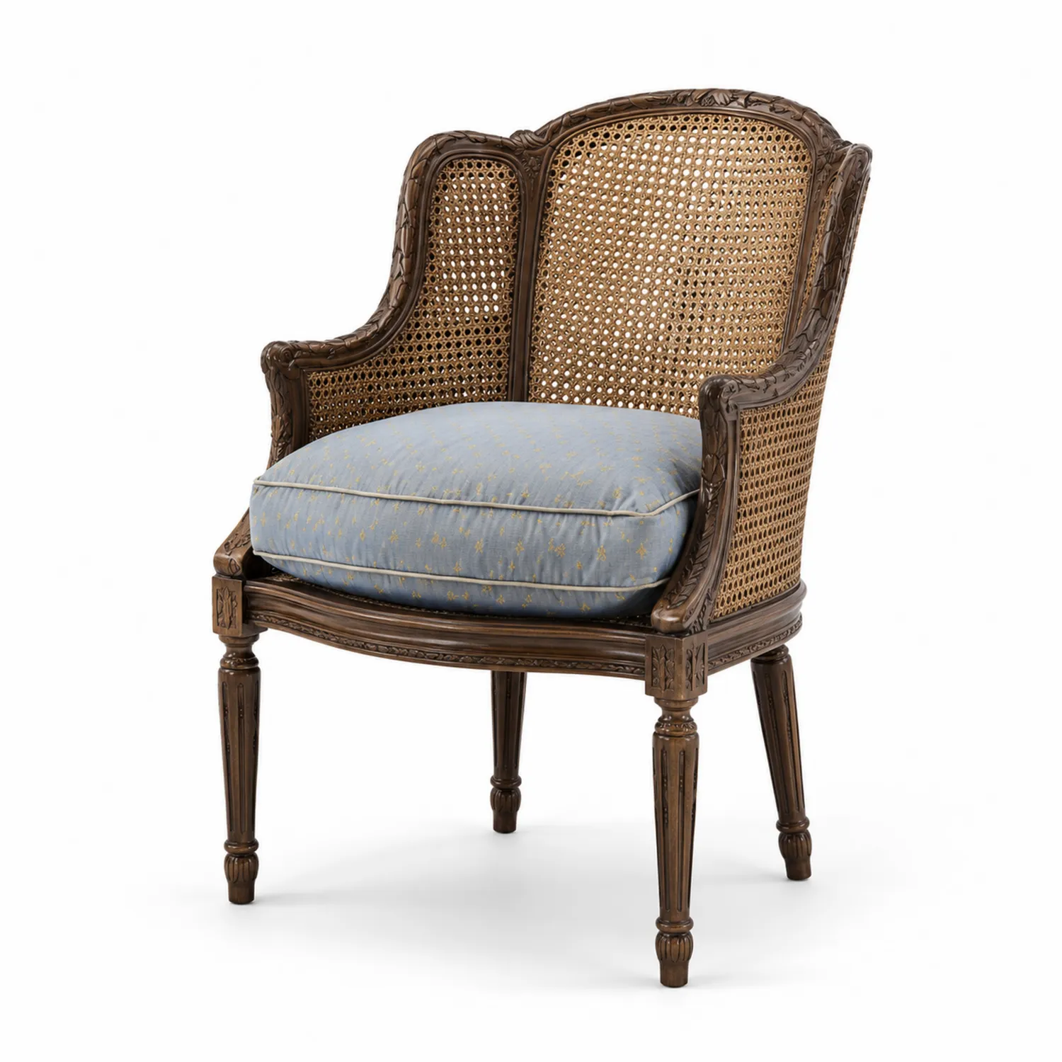 Silla de Madera Tallada con Respaldo de Ratán y Cojín de Algodón Azul