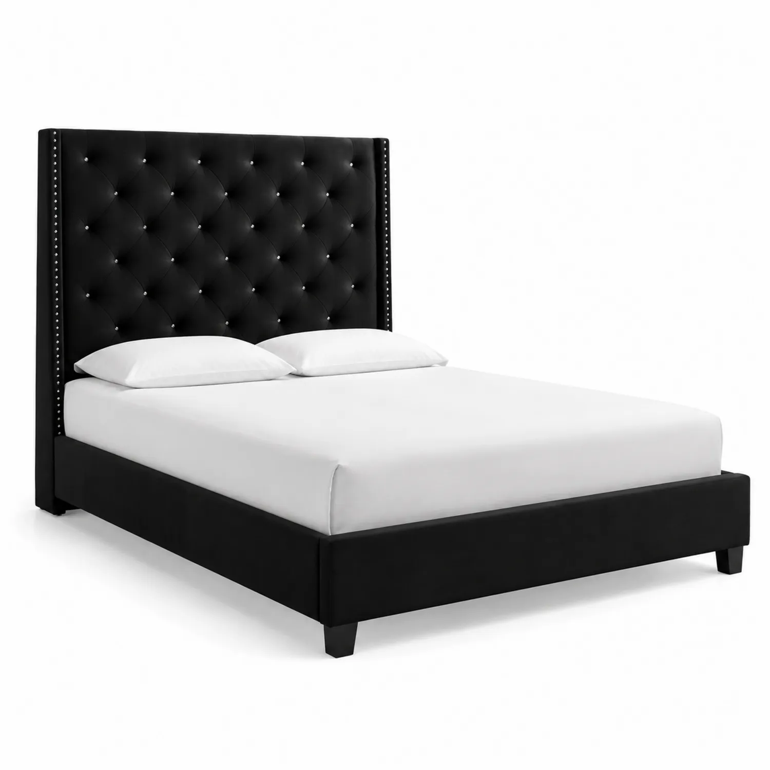 Cama doble de piel sintética negra con cabecero acolchado