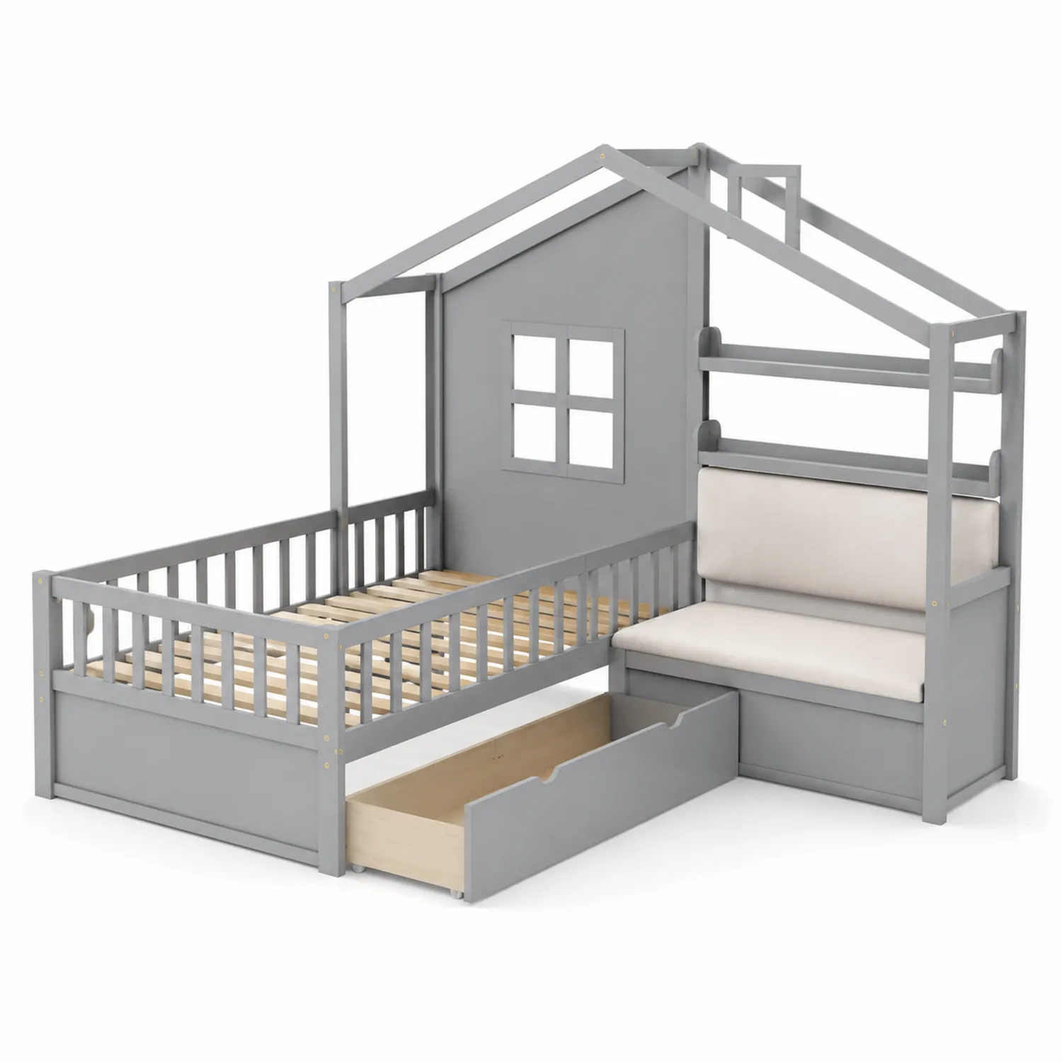 Cama infantil gris con almacenamiento y asiento