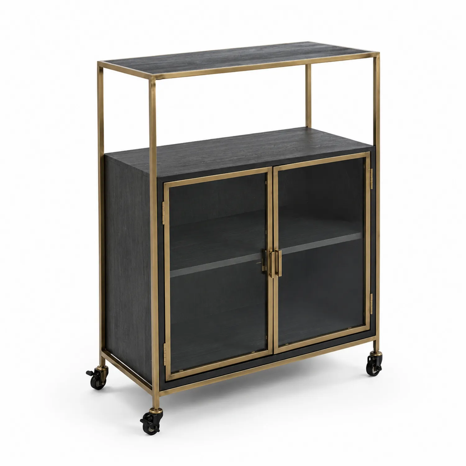 Carrito de bar de madera, metal y vidrio con ruedas 90x40x110 cm