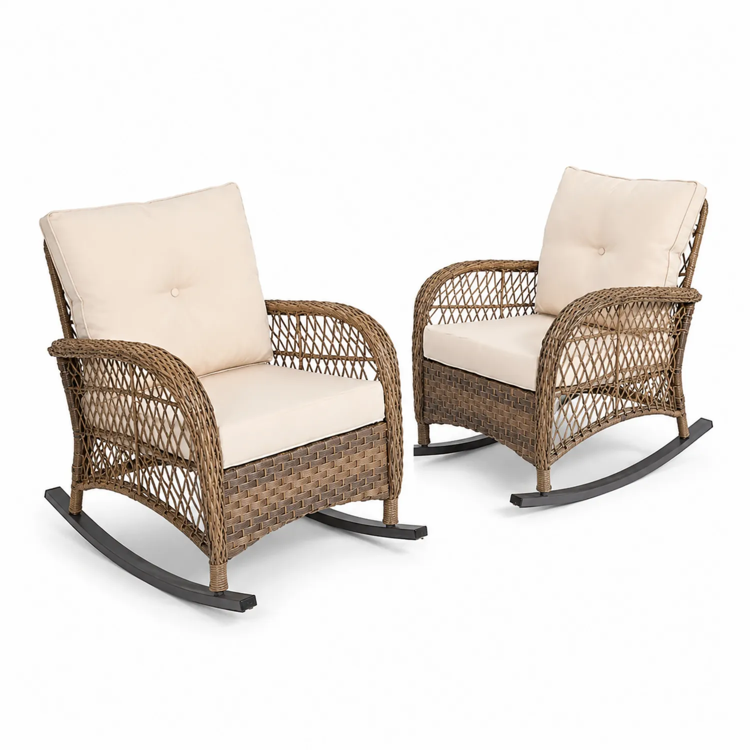 Conjunto de Sillas Mecedoras de Ratán Sintético con Cojines Beige