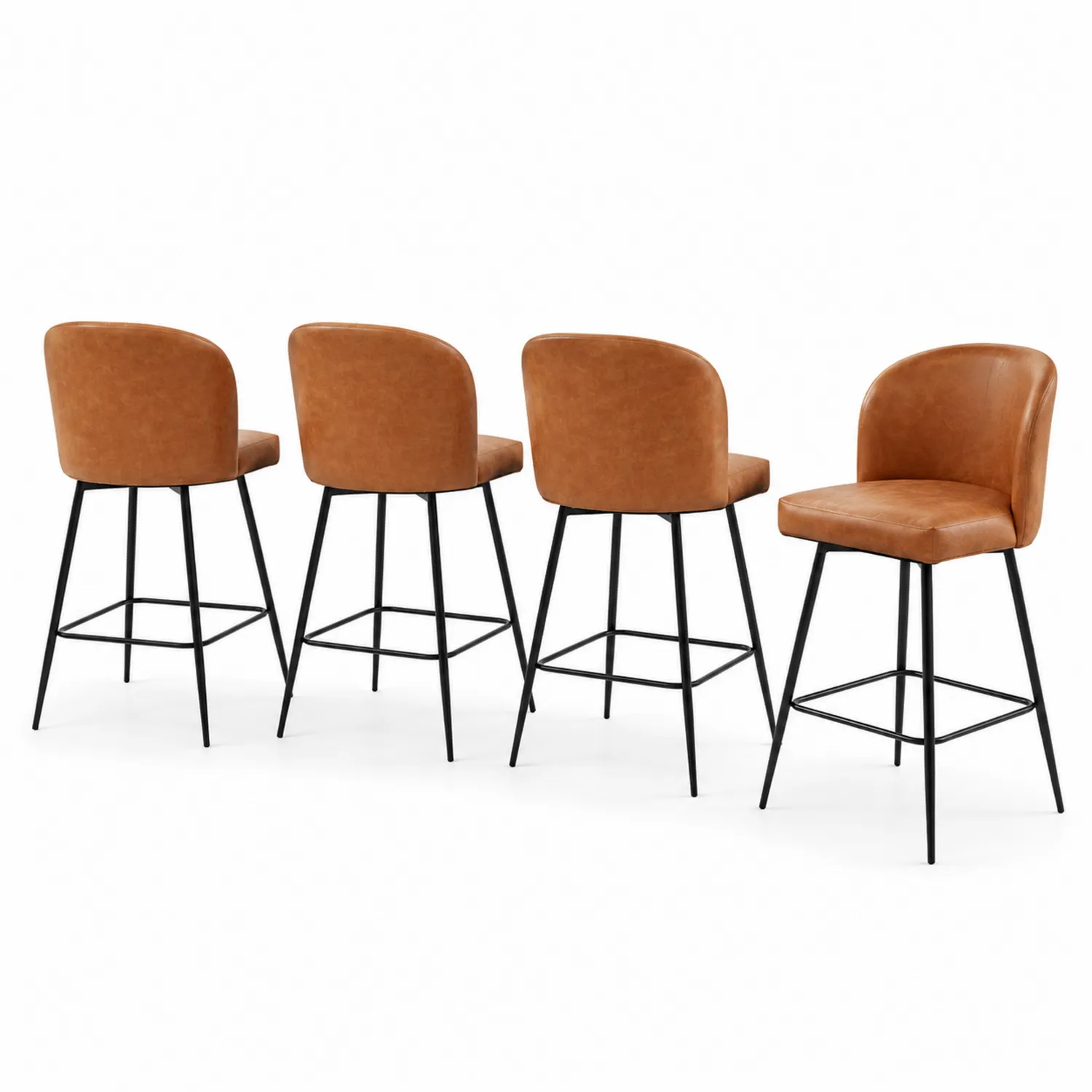 Conjunto de 4 taburetes de cuero sintético marrón y metal negro