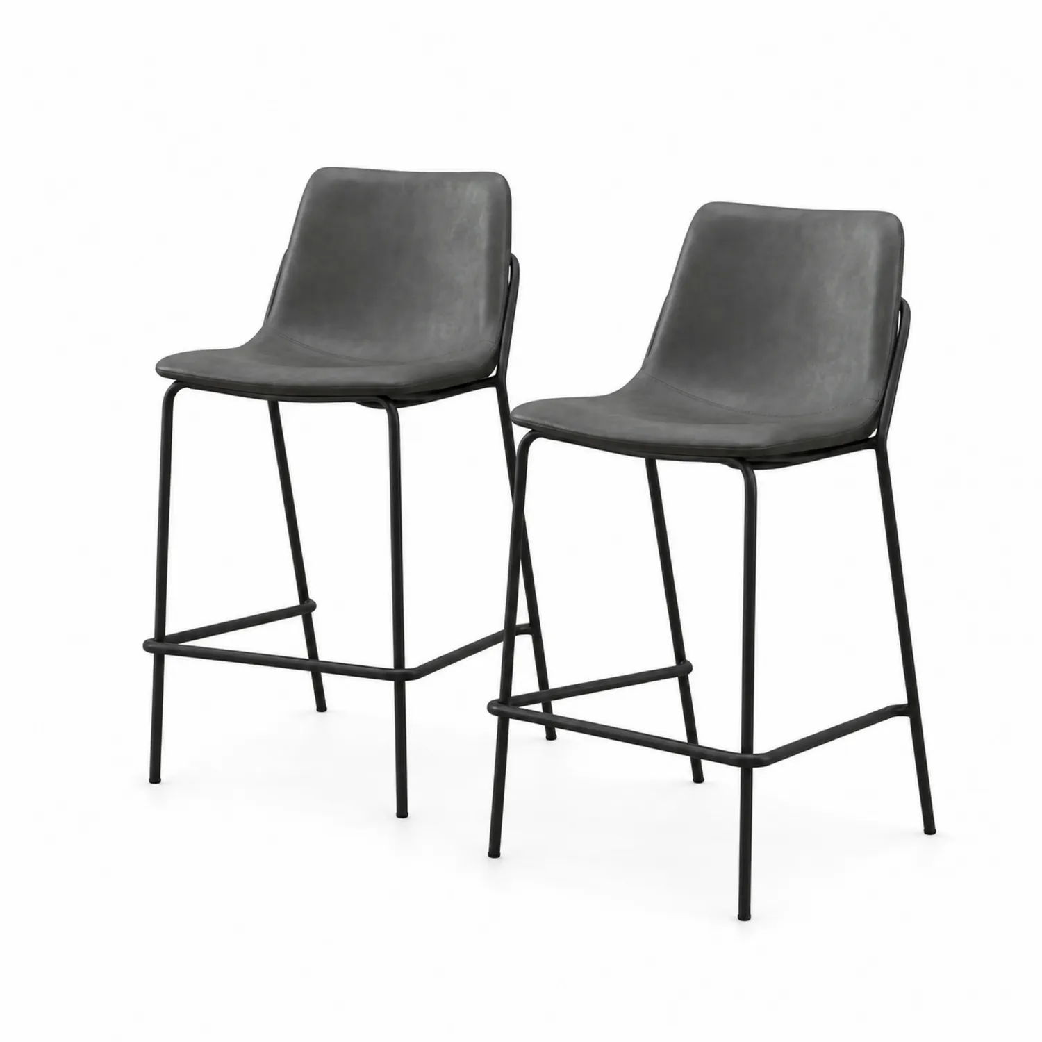 Juego de 2 taburetes altos de metal con asiento de cuero sintético gris