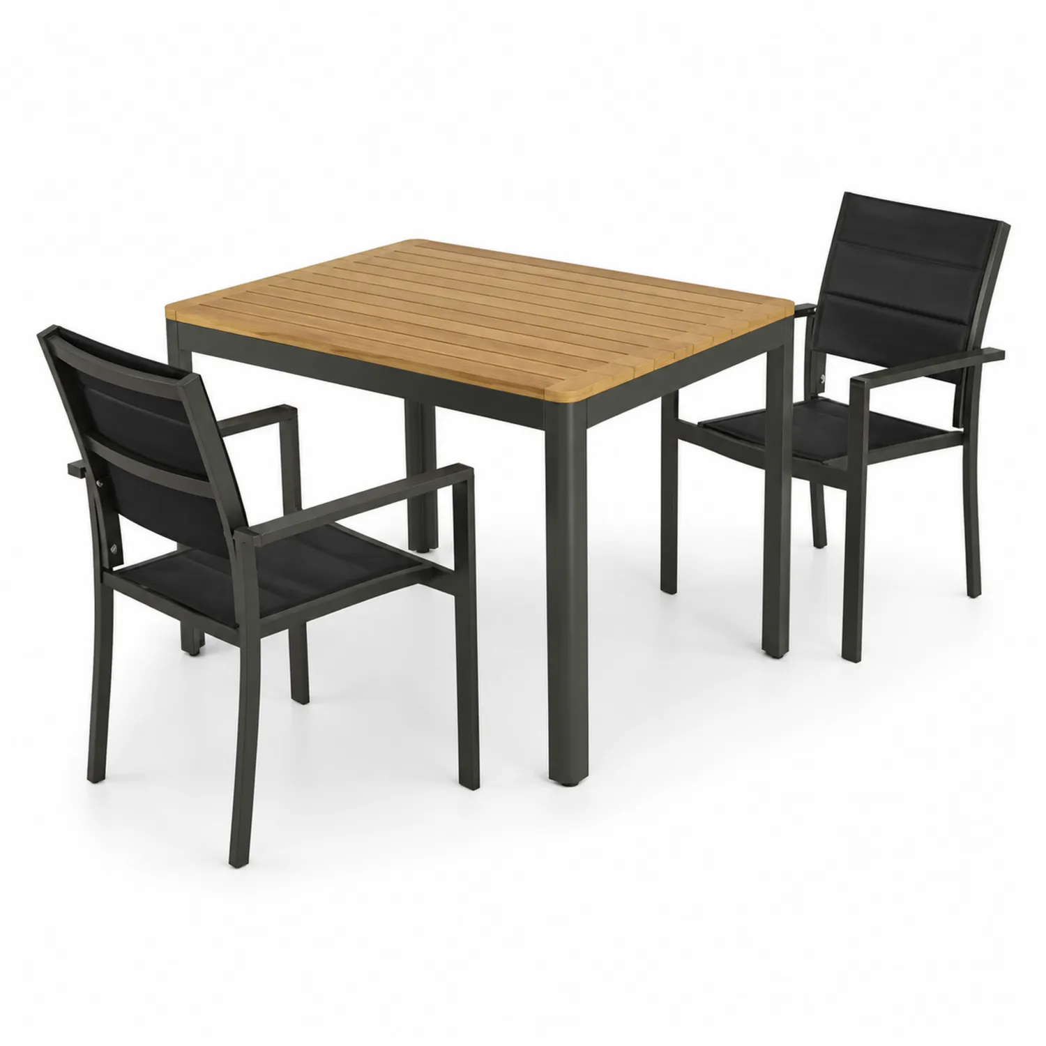 Conjunto de comedor de exterior con mesa de teca y sillas de aluminio negras