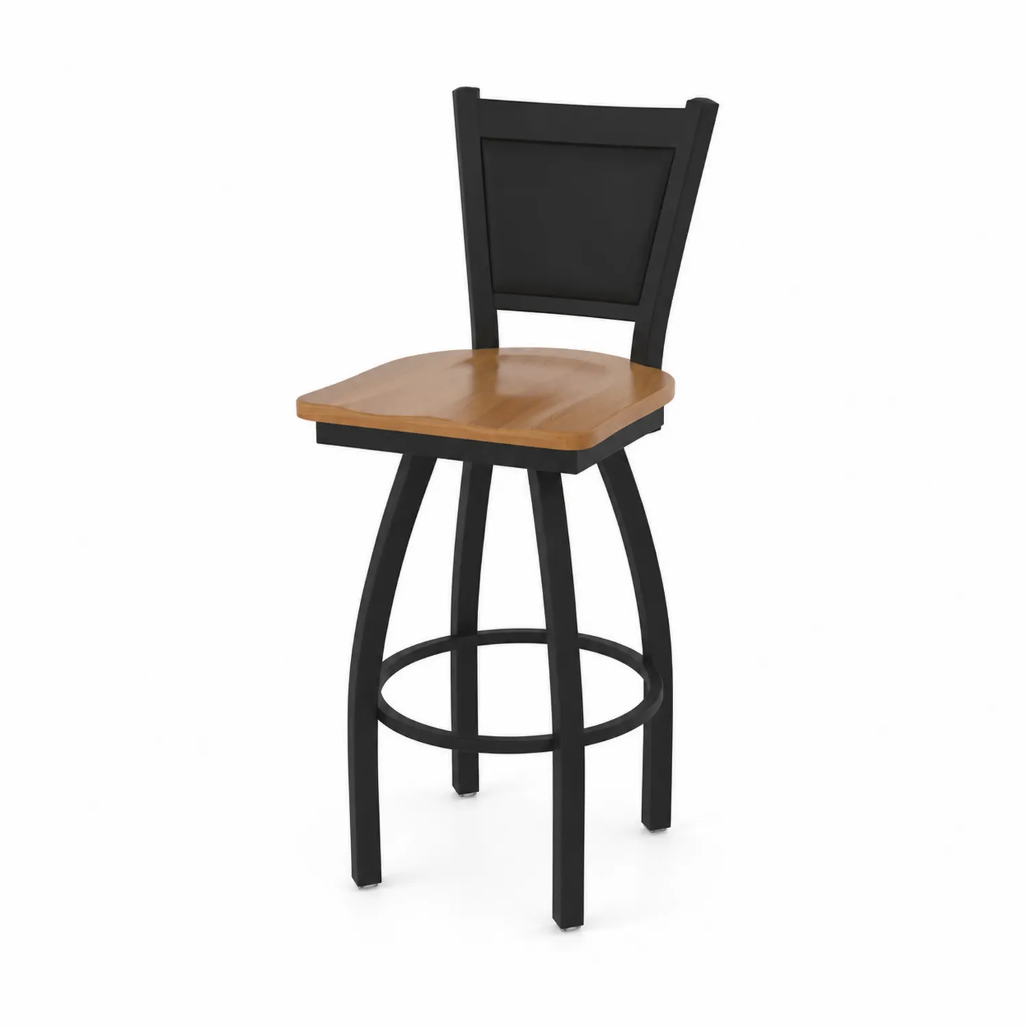 Taburete de bar giratorio de madera y metal con respaldo negro