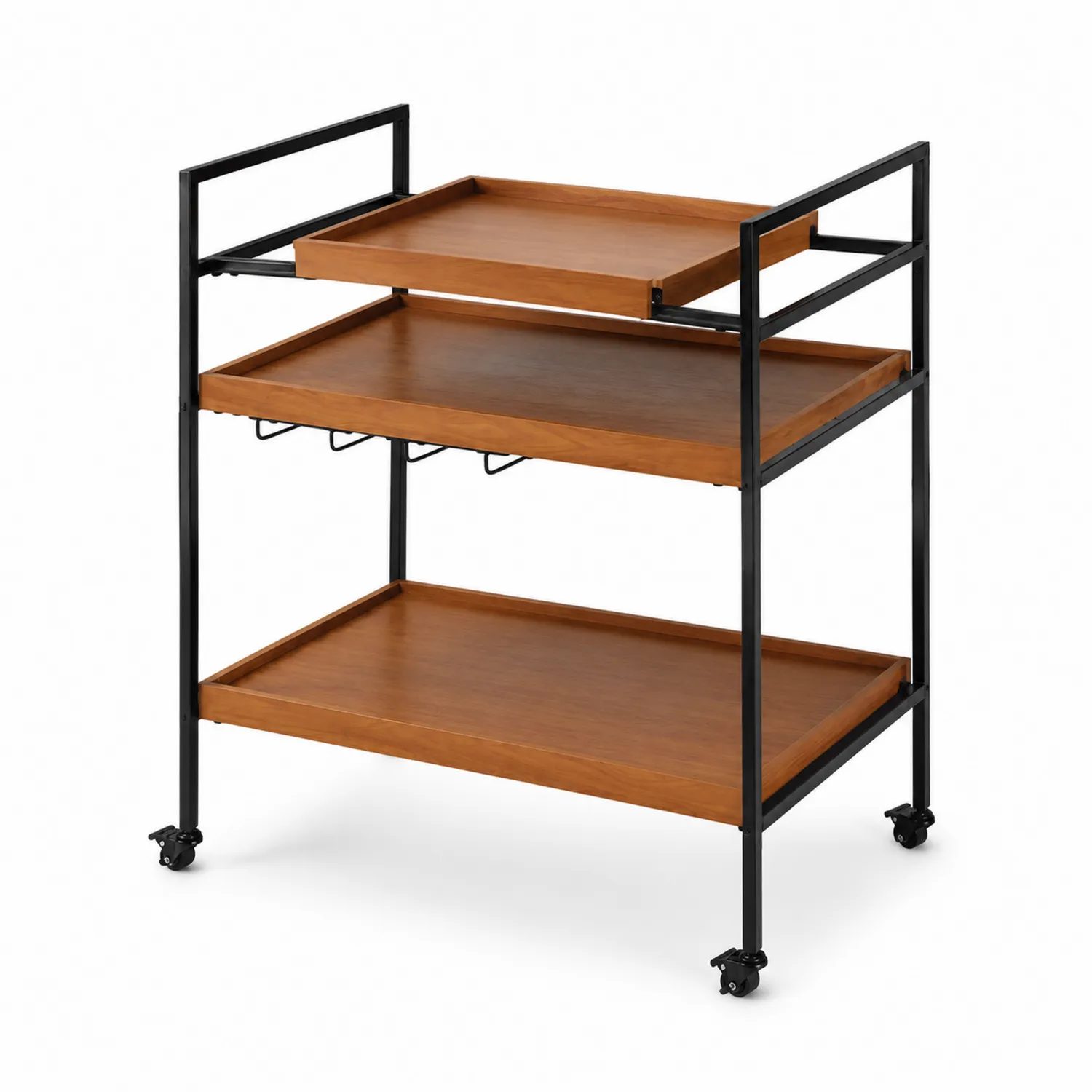 Carrito de acero con estantes de MDF y ruedas 85x60x40cm