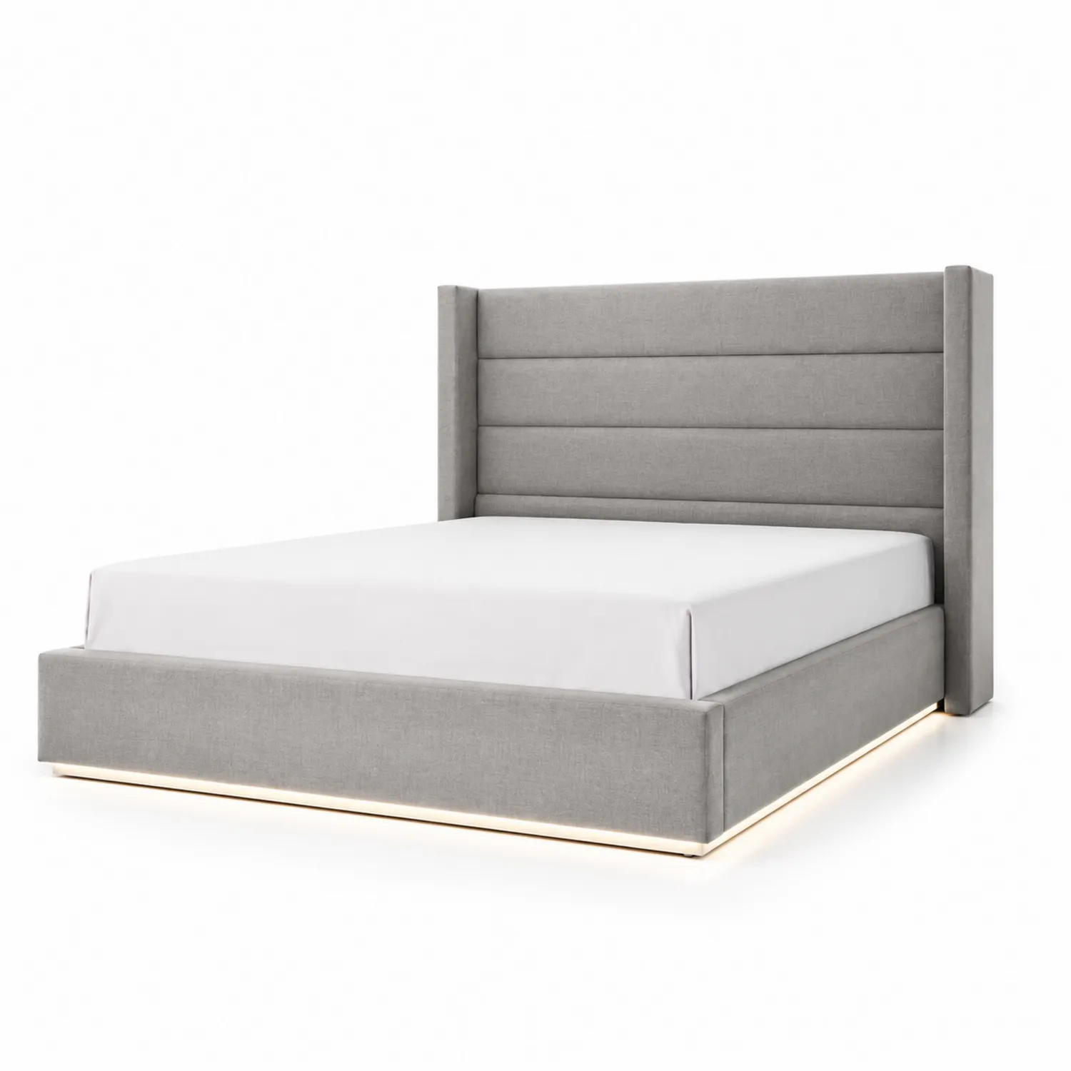 Cama de tela gris con cabecero alto y luces LED, 200x160 cm