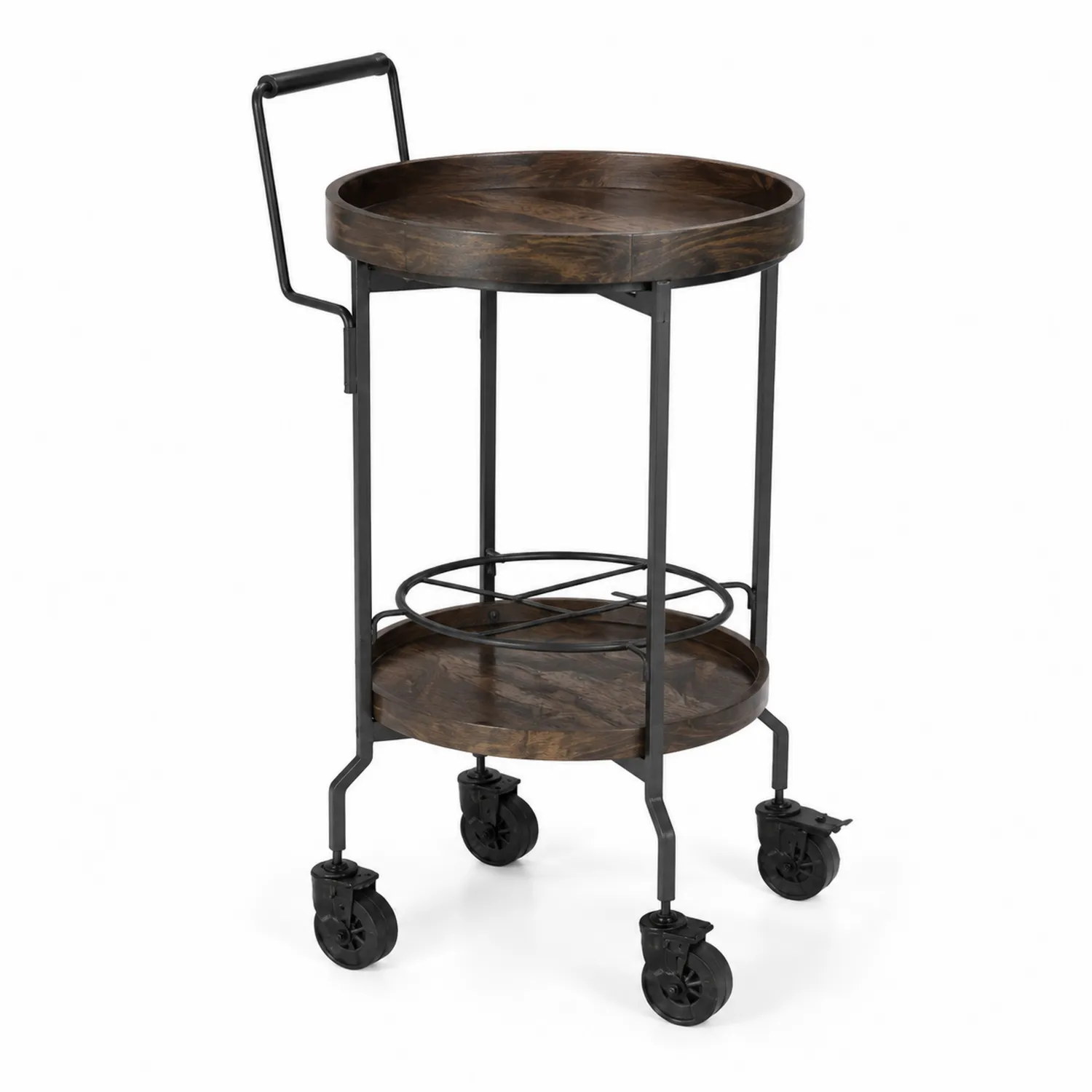 Carrito de bar de madera de nogal y metal con ruedas 80cm