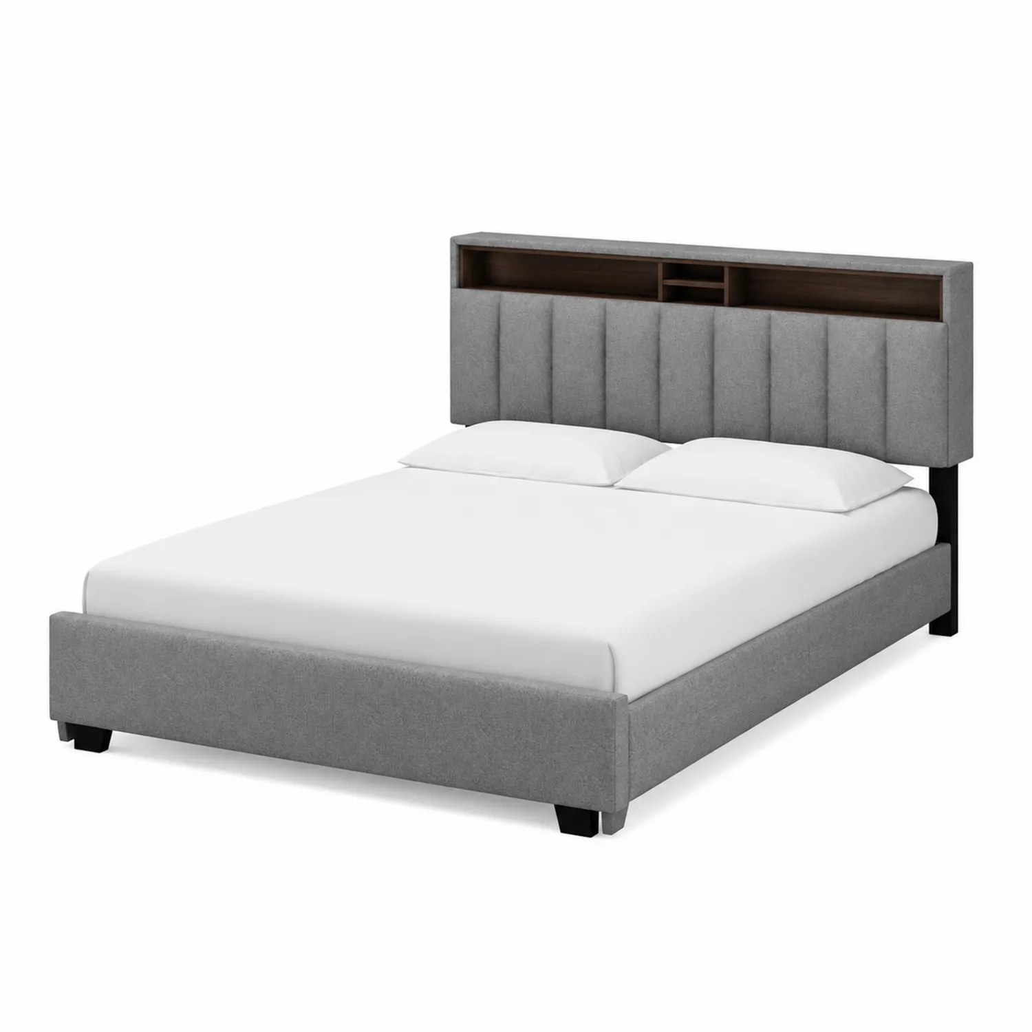 Cama doble con cabecero de almacenamiento en poliéster gris 140x200 cm