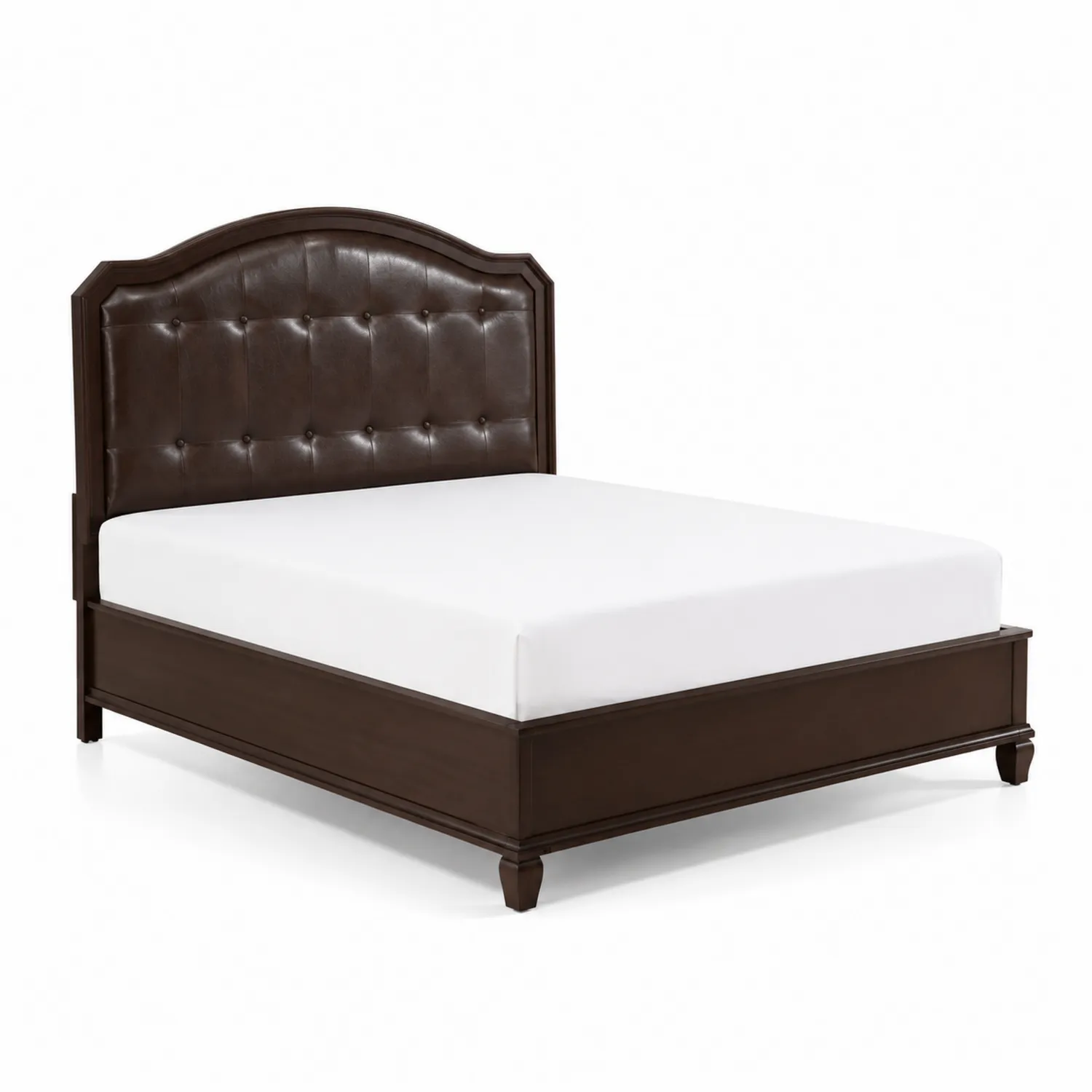 Cama de matrimonio con cabecero de cuero sintético marrón y estructura de madera